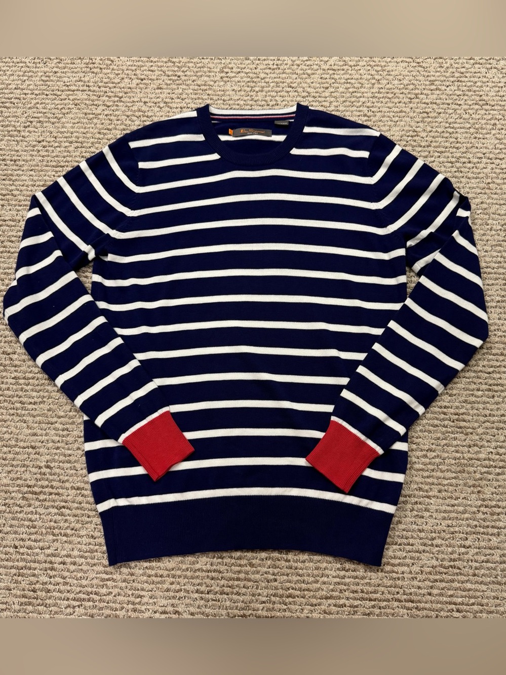Ben Sherman Striped Navy White Sweater Men L Crewneck Cotton Red Cuffs Preppy